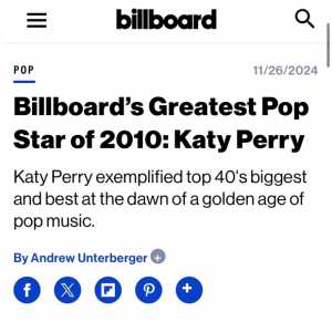 Billboard：10年最伟大流行巨星Katy Perry